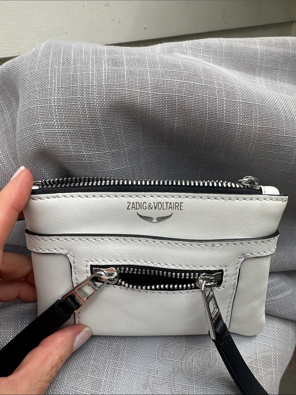Zadig & Voltaire White Leather Mini Zip Card Case with Black Trim